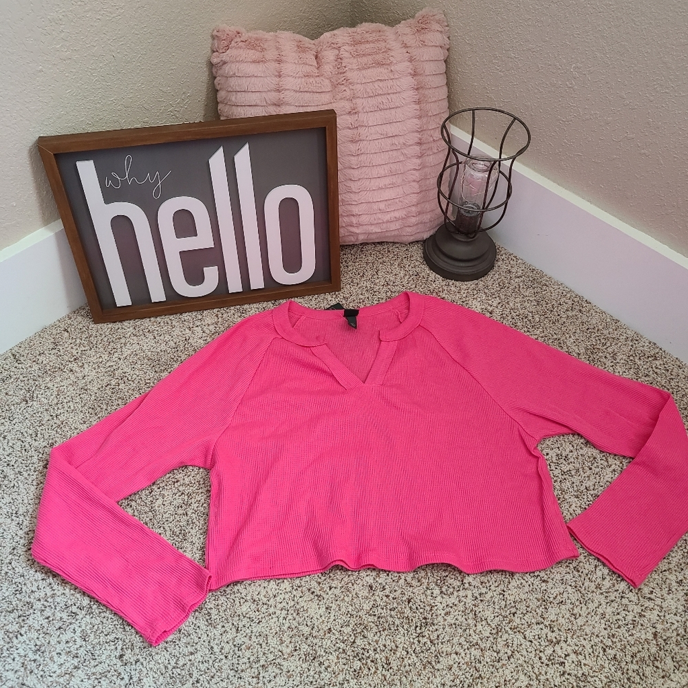 Women's Wild Fable Hot Pink Long Sleeved Waffle Knit Crop Top Shirt